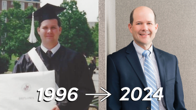 Two photos of Dan Dougherty side by side. The first is an image of him in his graduation attire after earning his degree at Virginia Tech in the 1990s. The other is a recent image of him.